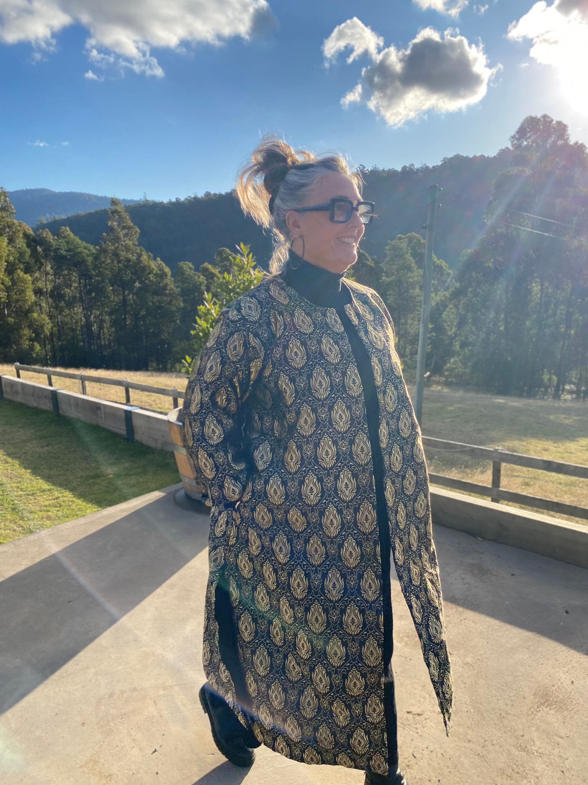 Brocade Kurta Jacket- Australian Designed Handmade Linen Clothing -Dragonfly Tasmania