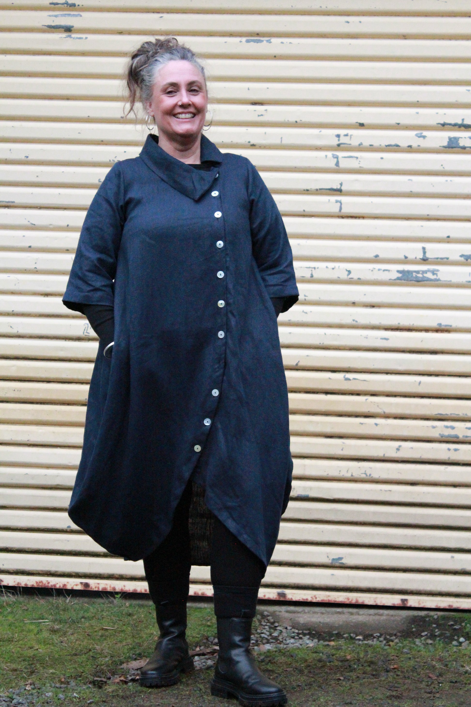 Button Dress Coat- Australian Designed Handmade Linen Clothing -Dragonfly Tasmania