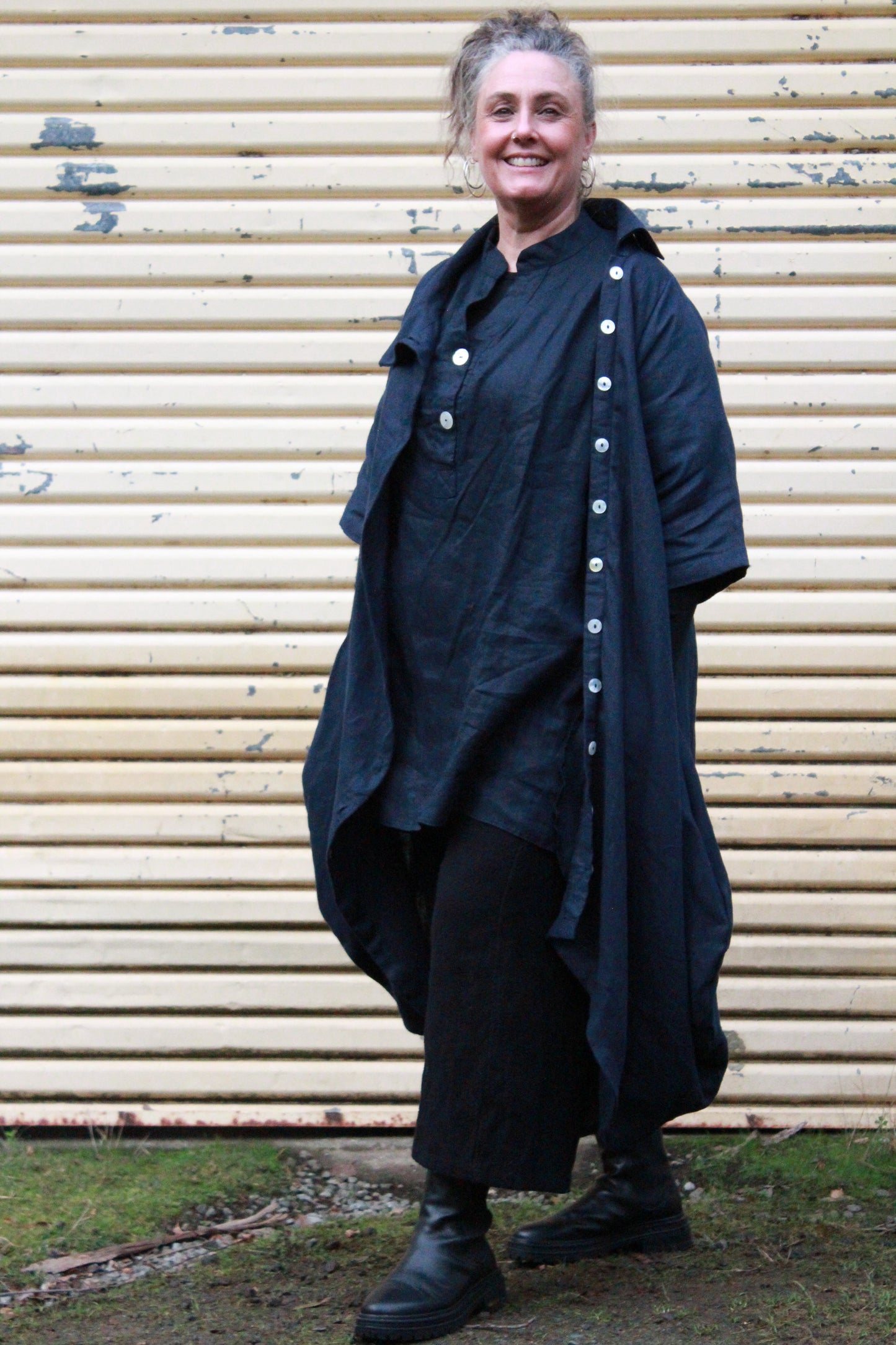 Button Dress Coat- Australian Designed Handmade Linen Clothing -Dragonfly Tasmania